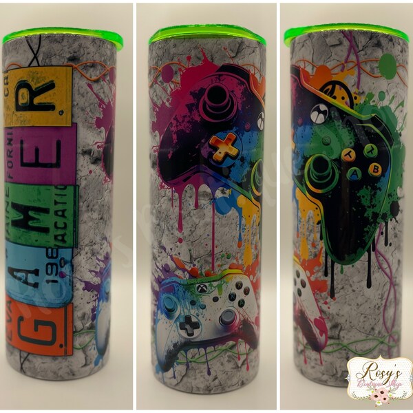 Gamer 20 Oz Skinny Tumbler Sublimation Design Neon Video Game ...