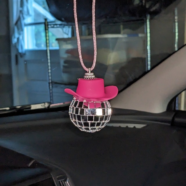Heart Beaded Pink Cowgirl Hat Disco Ball Car Hanging Rear View 
