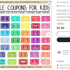 EDITABLE REWARD COUPONS Clipart Printable Reward Tickets Rainbow Blank ...