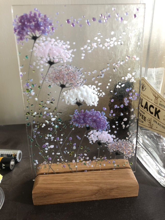 Whimsical Purple and pink mix Flowers fused glass Art Picture Sun Catcher & Wooden Display Stand
