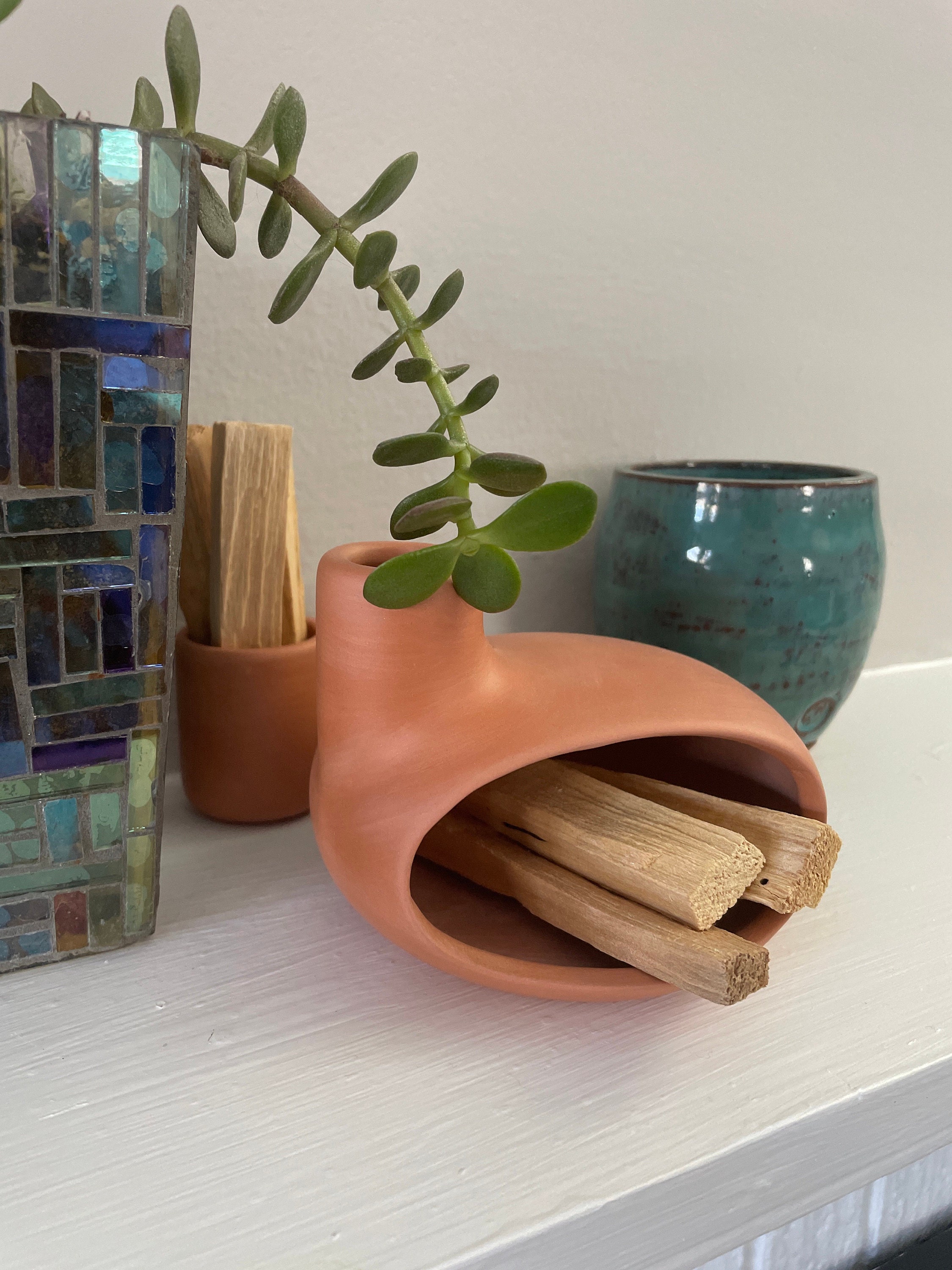 Palo Santo Holder & Matchstick Holder Set, Cone Incense Burner, Handmade Modern Ceramic Chiminea Incense Holder, Meditation Gift