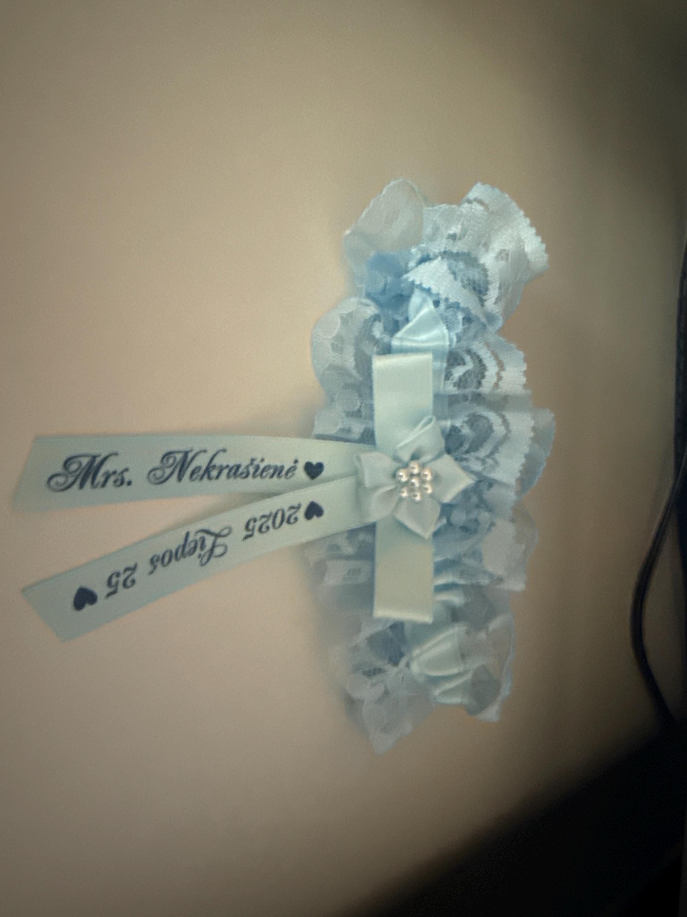 Personalised Blue Wedding Garter Handmade to order with name and wedding date - Excellent Gift for the Bride Something Blue