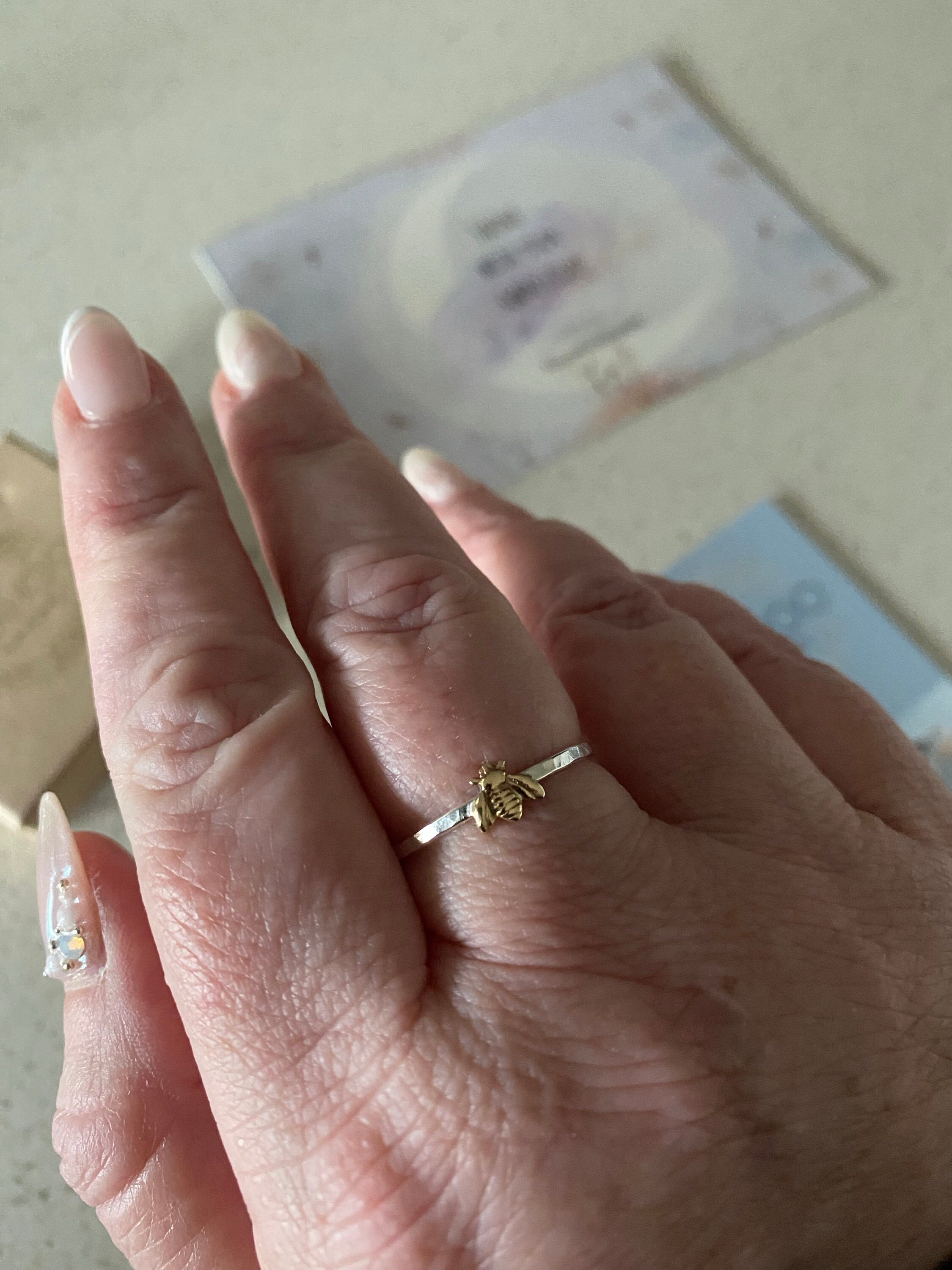 Simple tiny sterling silver bee ring, silver and gold brass stacking ring, hammered band ring, gift for women