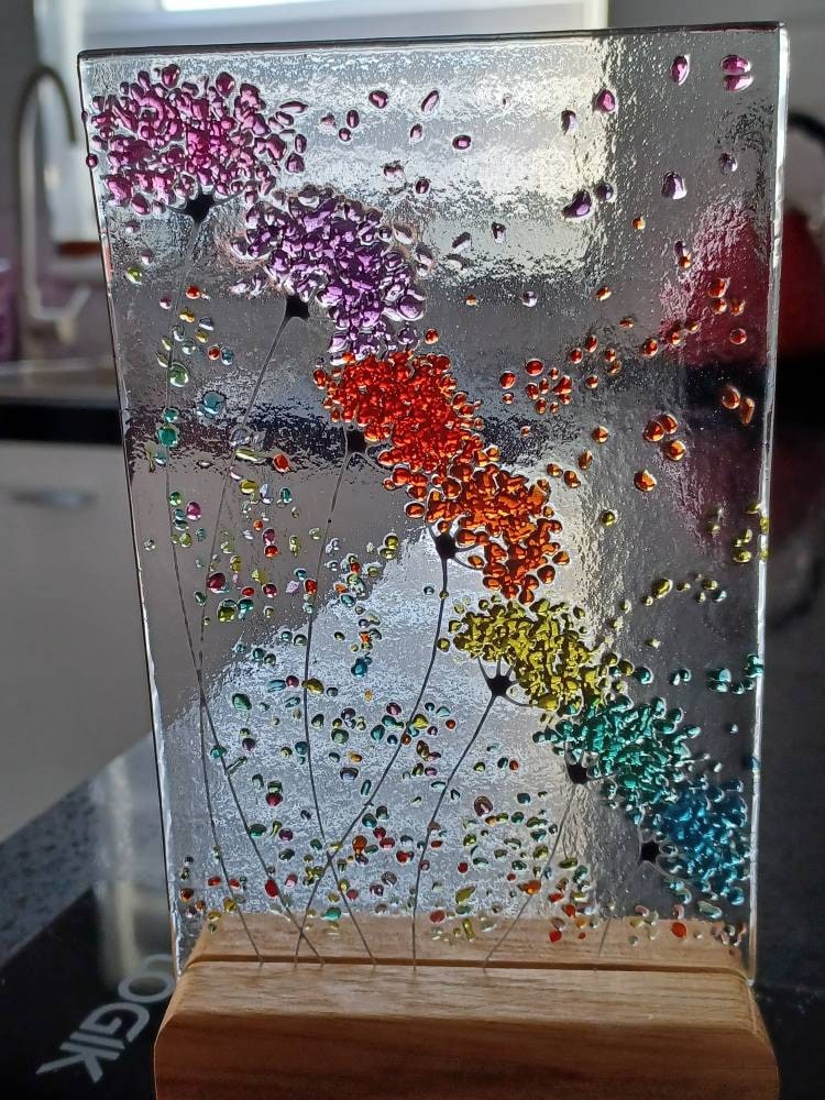 Whimsical Bright Rainbow Flowers fused glass Art Picture Sun Catcher & Wooden Display Stand
