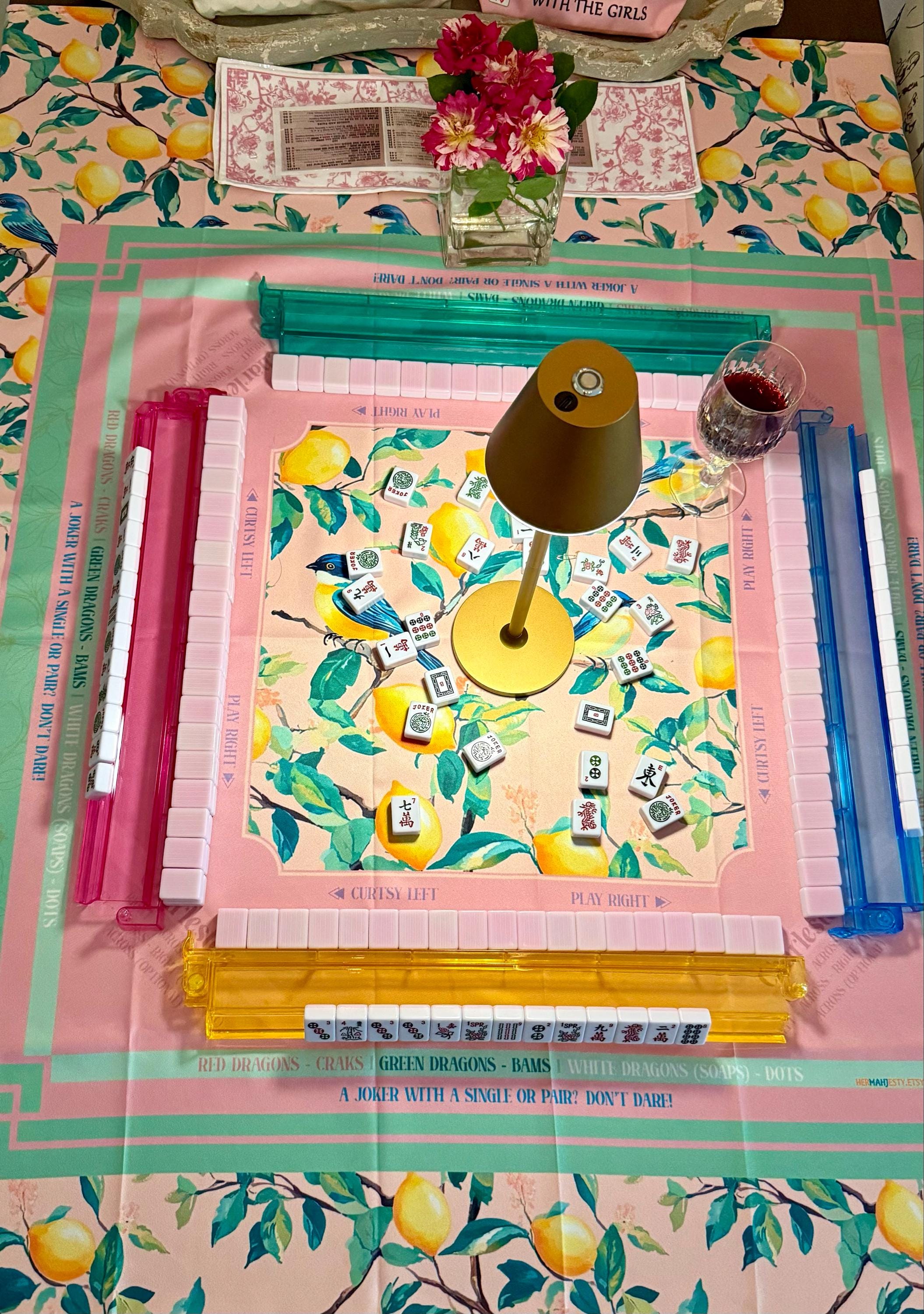 Citrus Mahjong Mat with Rules - Mahjong Table Cloth with Charleston Quick Guide - Mahjong Tablecloth for Beginners - Mahjong Gifts
