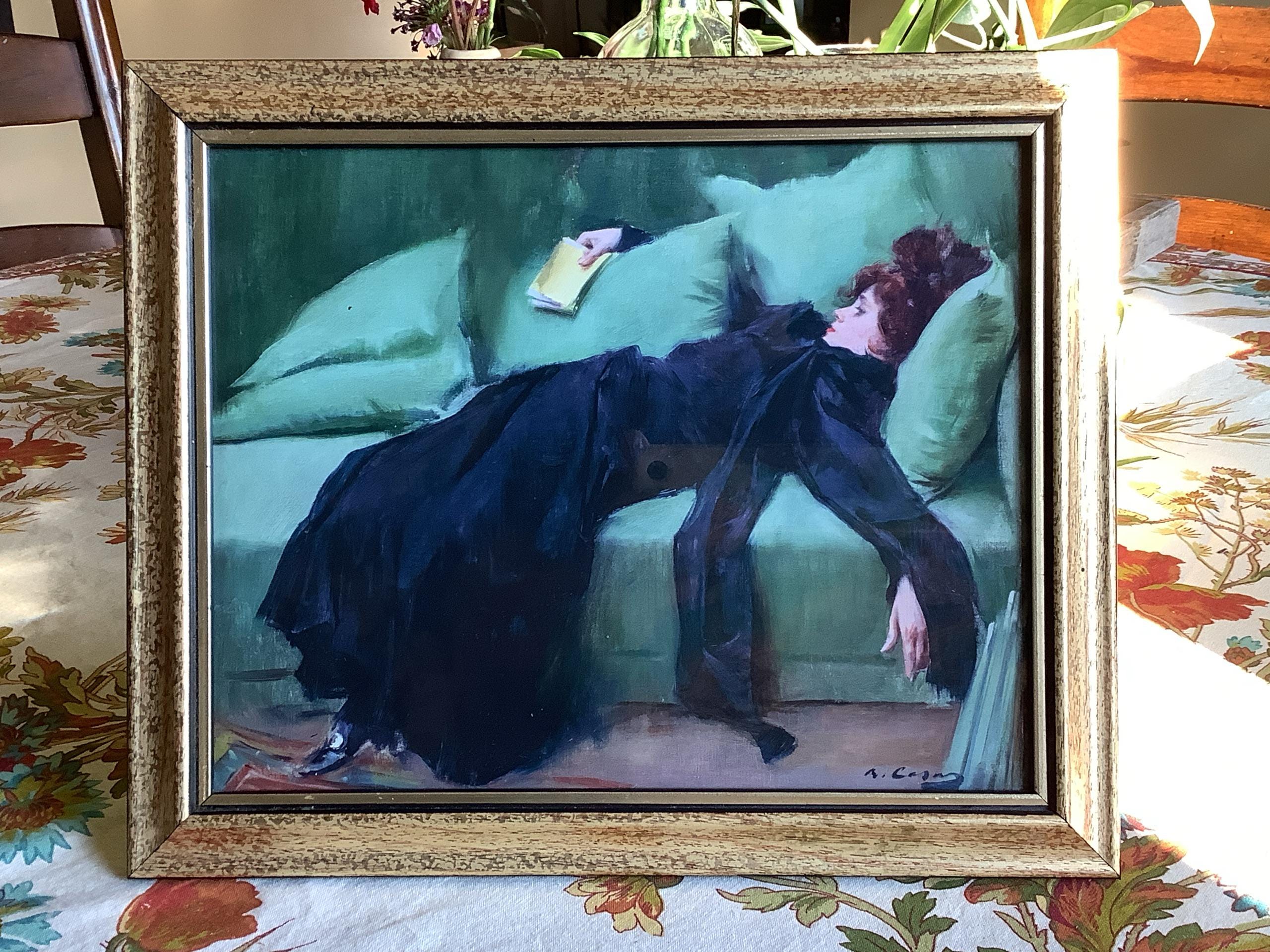 Decadent young woman after the dance Gift for friend Emerald green art Moody vintage portrait Ramon Casas Above sofa art High Quality print