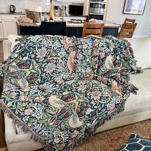 William Morris Strawberry Thief Woven Blanket, Vintage Bird