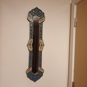 Peruvian Long Narrow wall mirror 35.4" Tall - Handmade Painted glass Skinny Turquoise wall Mirror with gold leaf for living room, bedroom