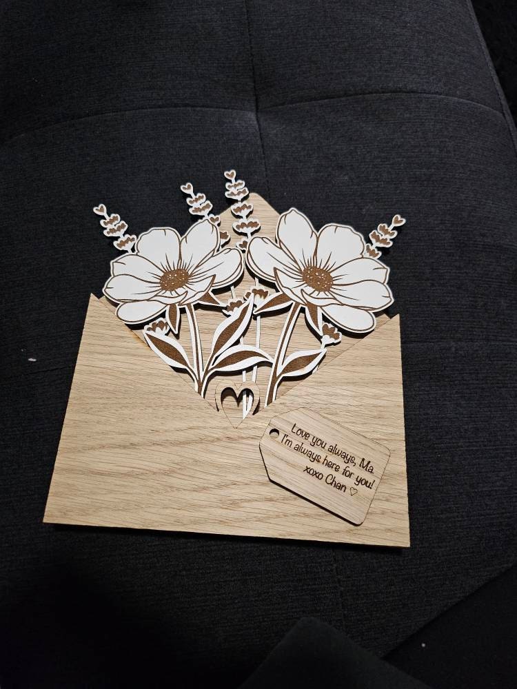 Personalised Wooden Bouquet, Flower Botanical Gift From Daughter, Envelope Flower Box, Mum Birthday Gift From Son, Sentimental Gift For Her