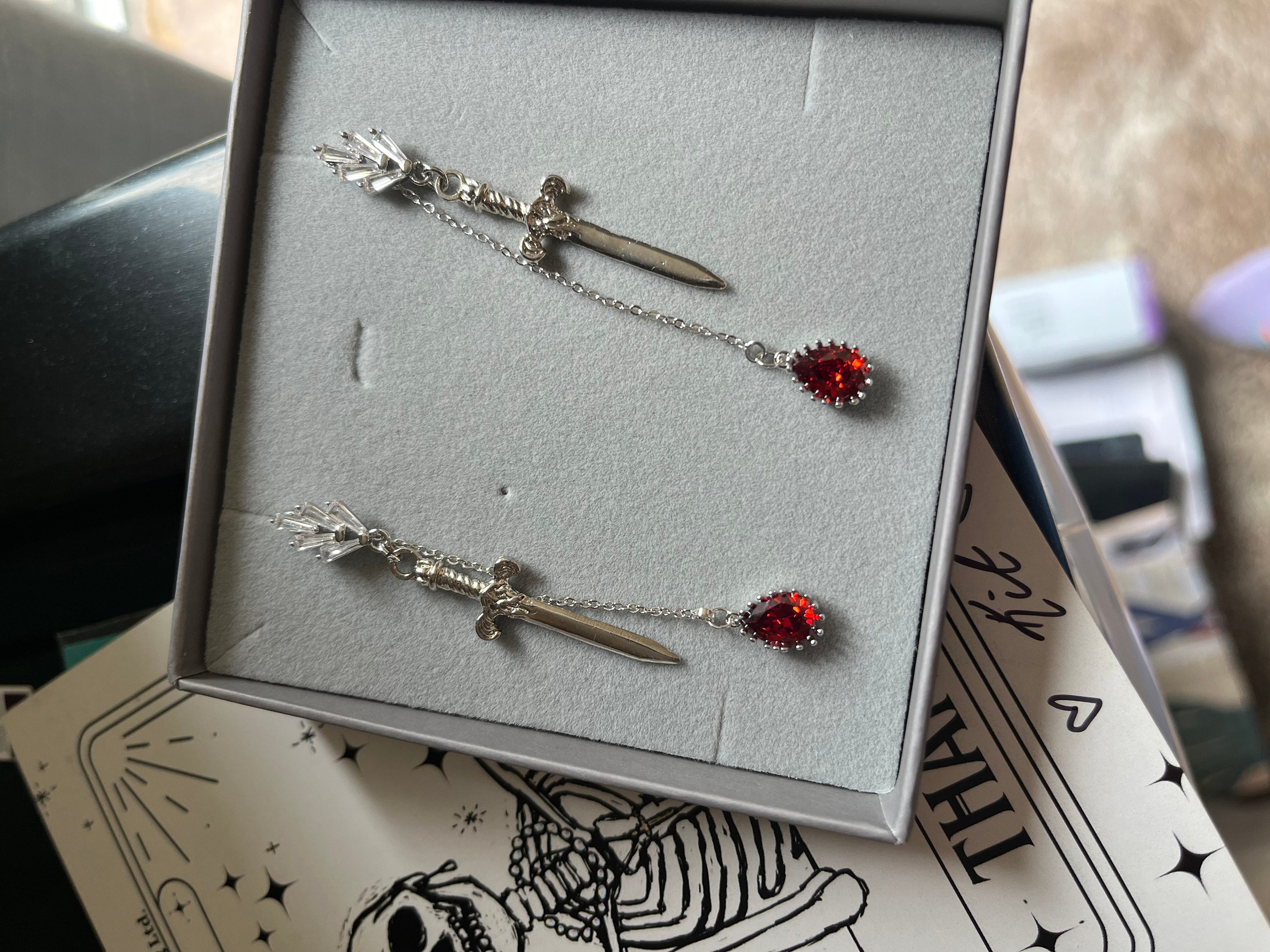 Sword and Blood Drop Dangle 2 Way Earrings / Gold,Silver, Black Deep Red Teardrop Earrings