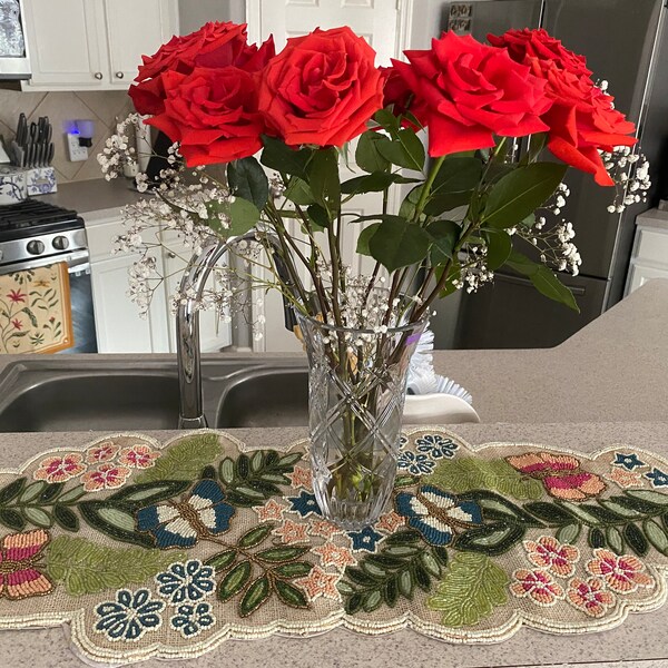 Handmade Table Runner, Floral Butterfly Beaded Runner on Burlap ...
