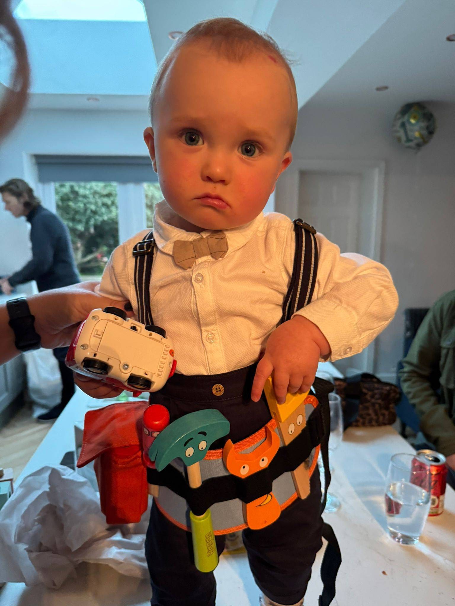 Personalised wooden multicoloured tool belt - builders’ belt - wooden toy - pretend tools