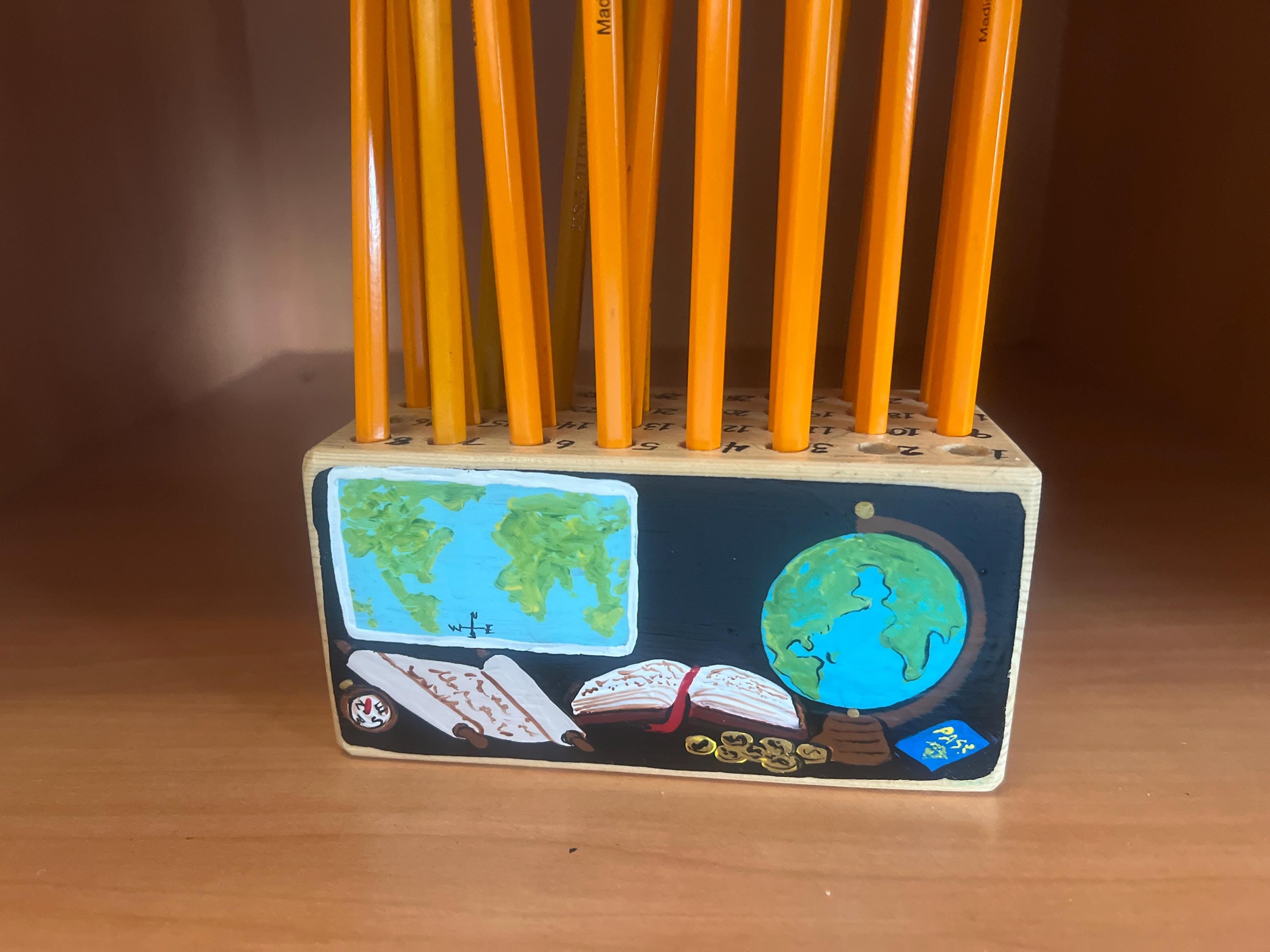 Teacher Gift, Pencil Holder, Numbered, Personalized Wood Block, School, Classroom, Teacher Appreciation, Pencil Block, 32 Hole, Chalkboard.