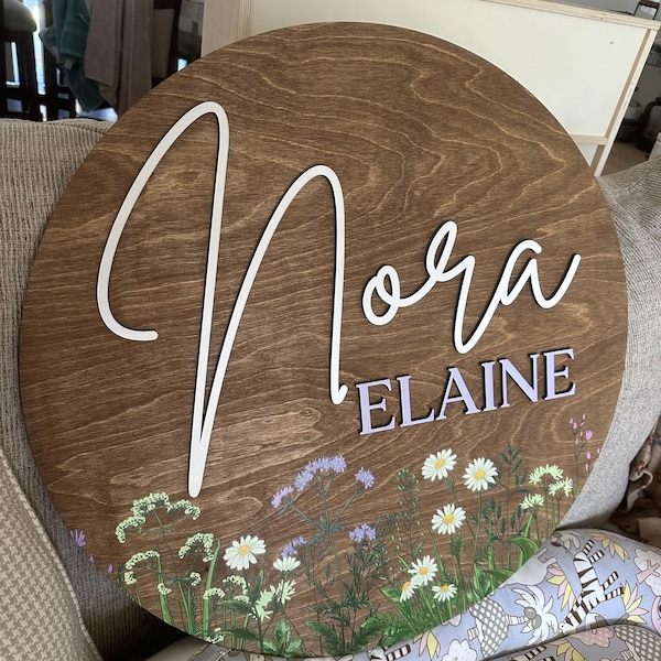 Wildflower Nursery Sign, Round 3D Name Sign, Personalized Wooden Name