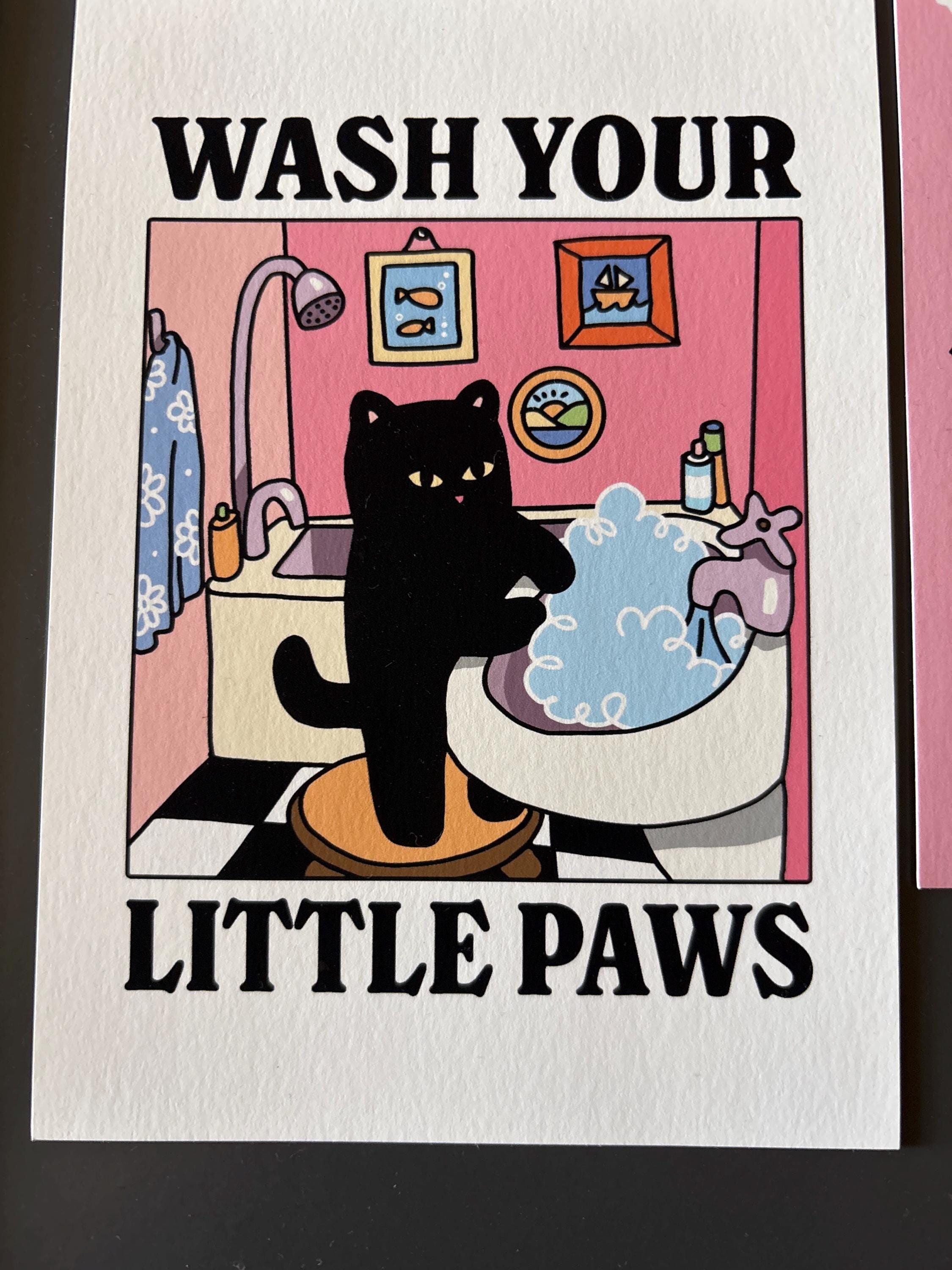 Wash your Paws Green Cat Print, Cute Bathroom Poster, Wash Room Childrens Washing up Posters, Kawaii Prints Decor, Unique Cats Art, UNFRAMED