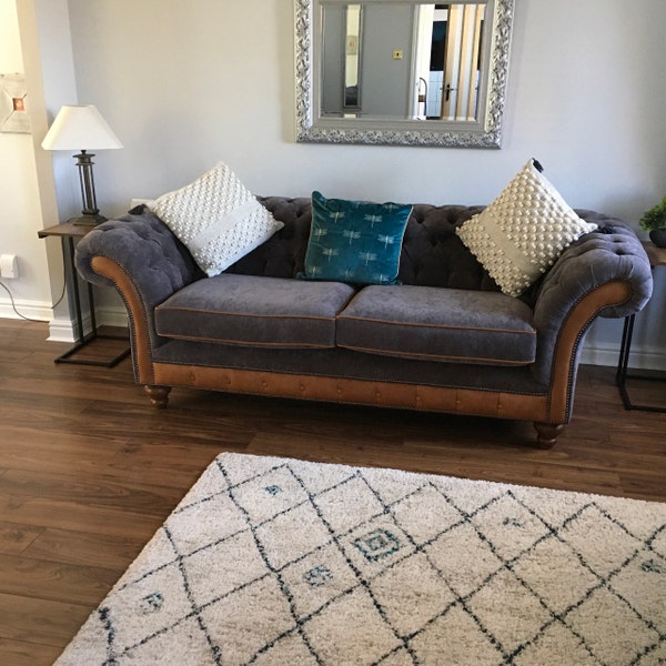 3 Seater Slate Grey Velvet Fabric Chesterfield Sofa, Vintage Tan ...