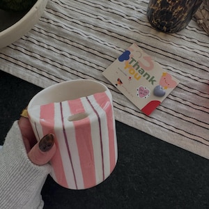 Pink Striped Travel Stoneware Tumbler, Hand Thrown Pottery Mug, Minimalist To-go Cup, Rustic Sip Mug, Modern Cup for Library, Handleless Mug