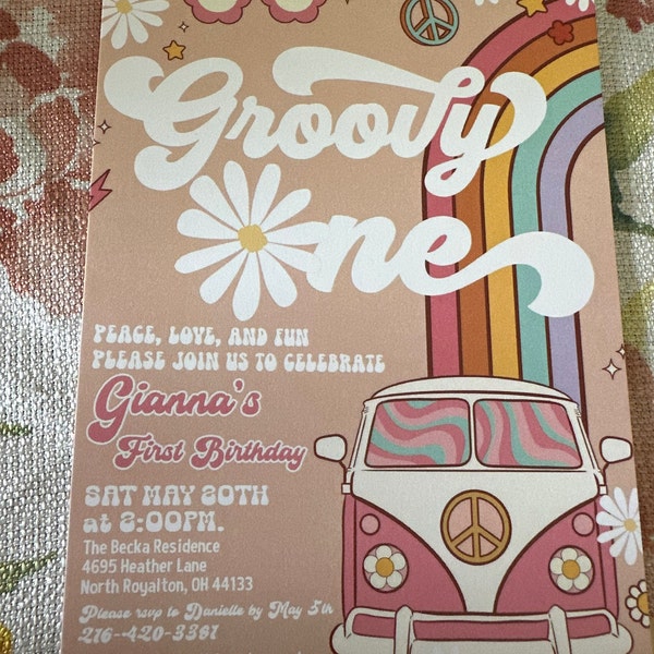 Editable Groovy ONE Birthday Invitation Pink Daisy Rainbow Groovy Van ...