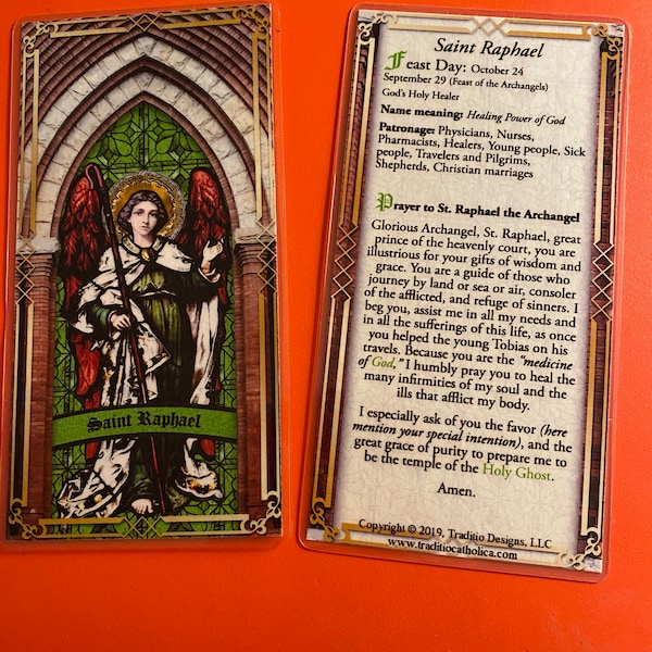 St. Saint Raphael Archangel Laminated Holy Prayer Cards. Stained Glass ...