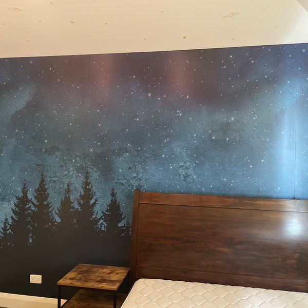 Forest Trees Night Scene Mural Wallpaper, Navy, Extra Large Wall Art ...