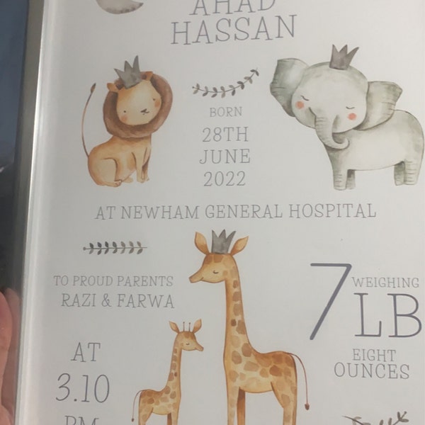 Personalised Safari Animals Print, Including Birth Details, New Baby ...