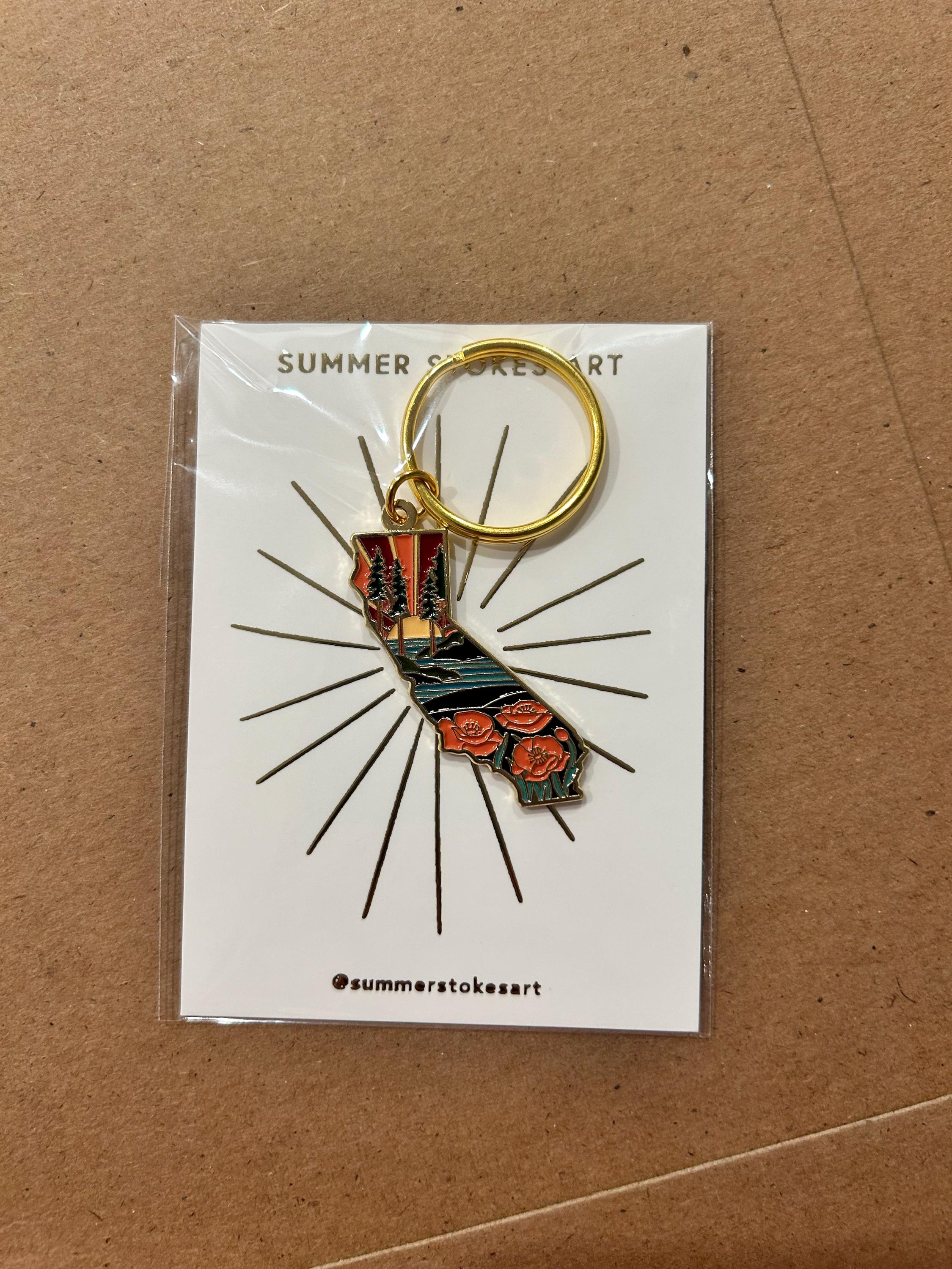 California Poppy Soft Enamel Keychain 1.5&quot; | California Outline Key Ring | Illustrated State Keychain
