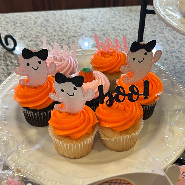 48-Piece Halloween Little Boo Cupcake Toppers - Pumpkin Ghost Decorations For Baby Shower, Birthday, Parties