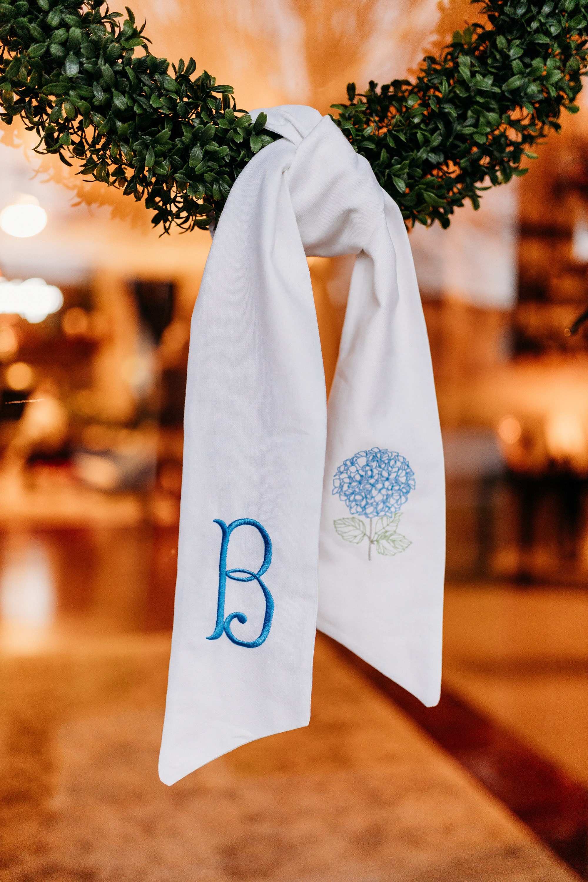 Blue Hydrangea Wreath Sash with Monogram Initial for Front Door Decoration for Home, Party, or Wedding Venue