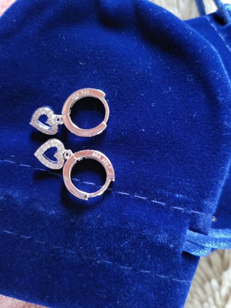 Tiny CZ Heart Dangle Huggie Hoop in Sterling Silver, Silver or Gold or Rose Gold, Skinny CZ Heart Earrings, Heart Huggie Hoops