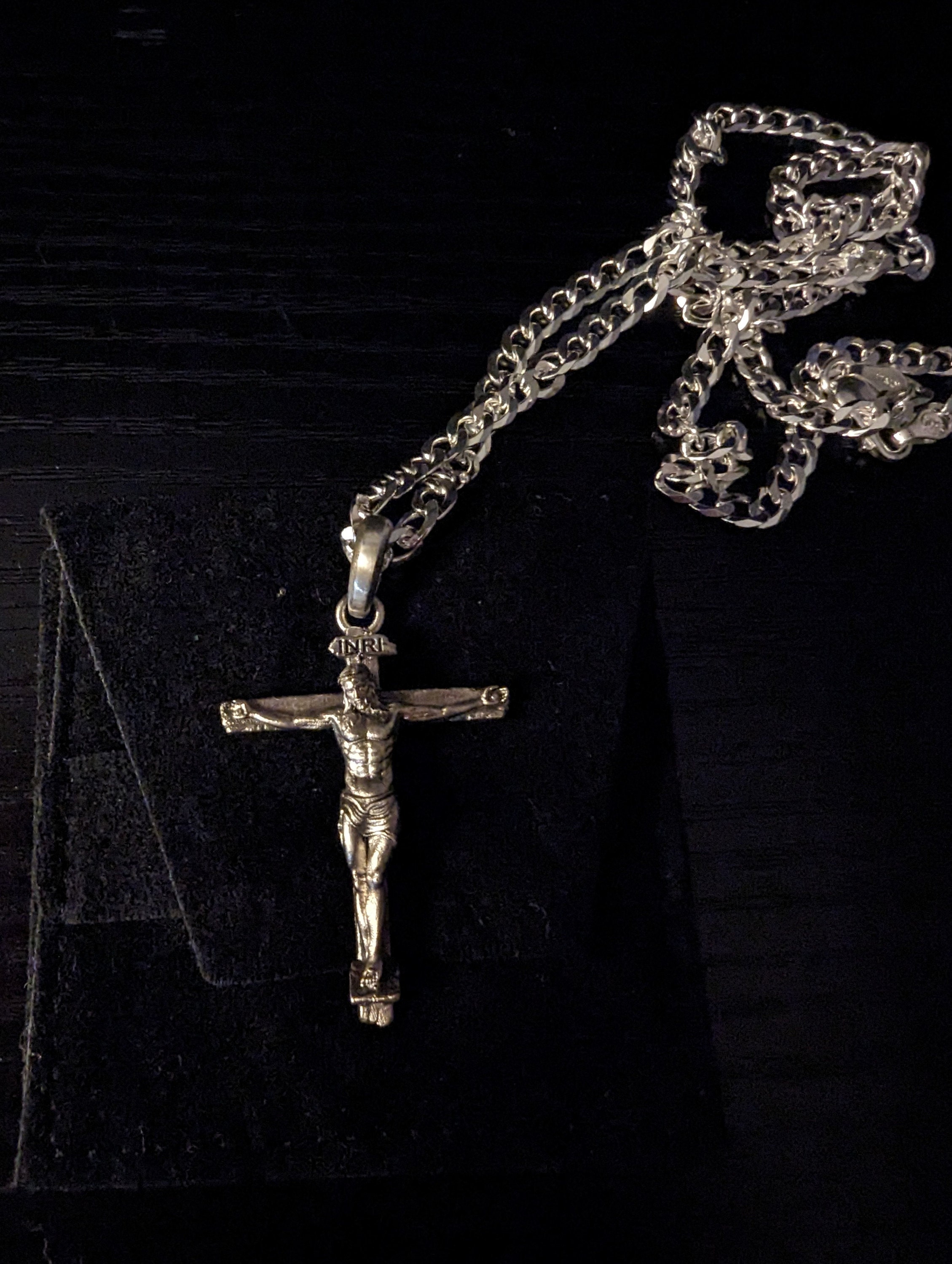 Handmade Silver Jesus Crucifix Necklace,3D Jesus Relief Cross Savior Pendant,Engraved Jesus Religious Charm,Silver Man Necklace,Gift For Men