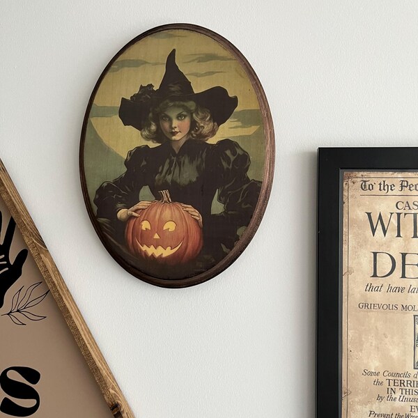 Vintage Witch With Pumpkin Halloween Wood Wall Art - Witch Wall Art - Handmade Wooden Plaque ...