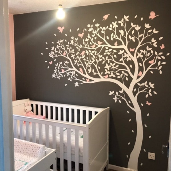 White Tree Wall Sticker Large Nursery Tree Decal With Birds Wall ...