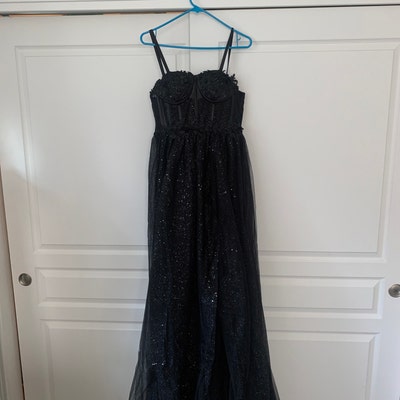 Black Glitter Tulle Prom Dress A-line Side Slit Wedding - Etsy