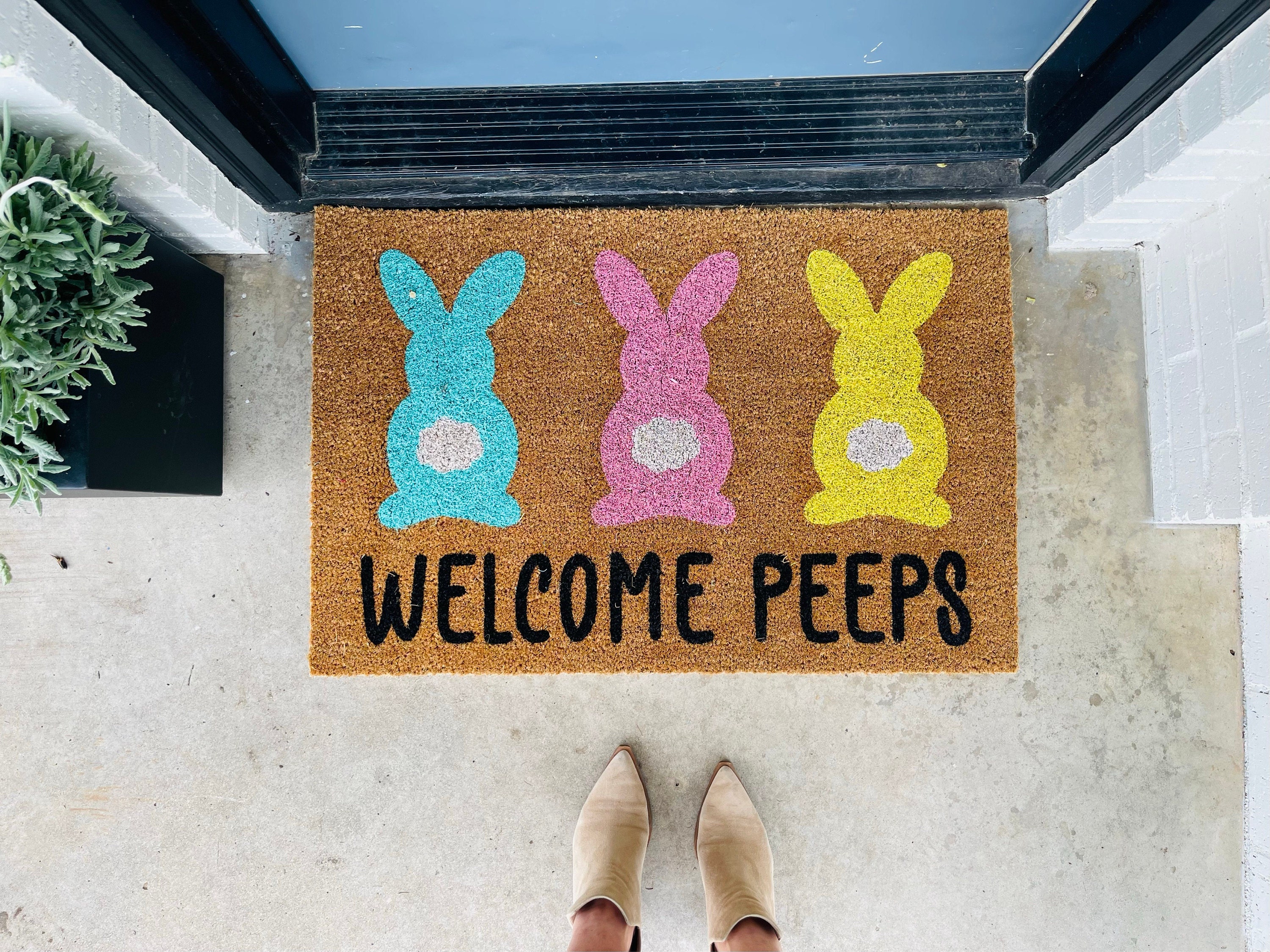 Welcome Peeps Easter Doormat | Cute Easter Bunny Front Doormat | Fun Colorful Pastel Spring Doormat | Personalized Custom Housewarming Gift