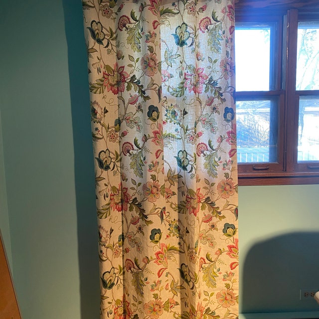 Jacobean Linen Curtain Panel, Floral Window Panels in Kaufmann Designer  Fabric 