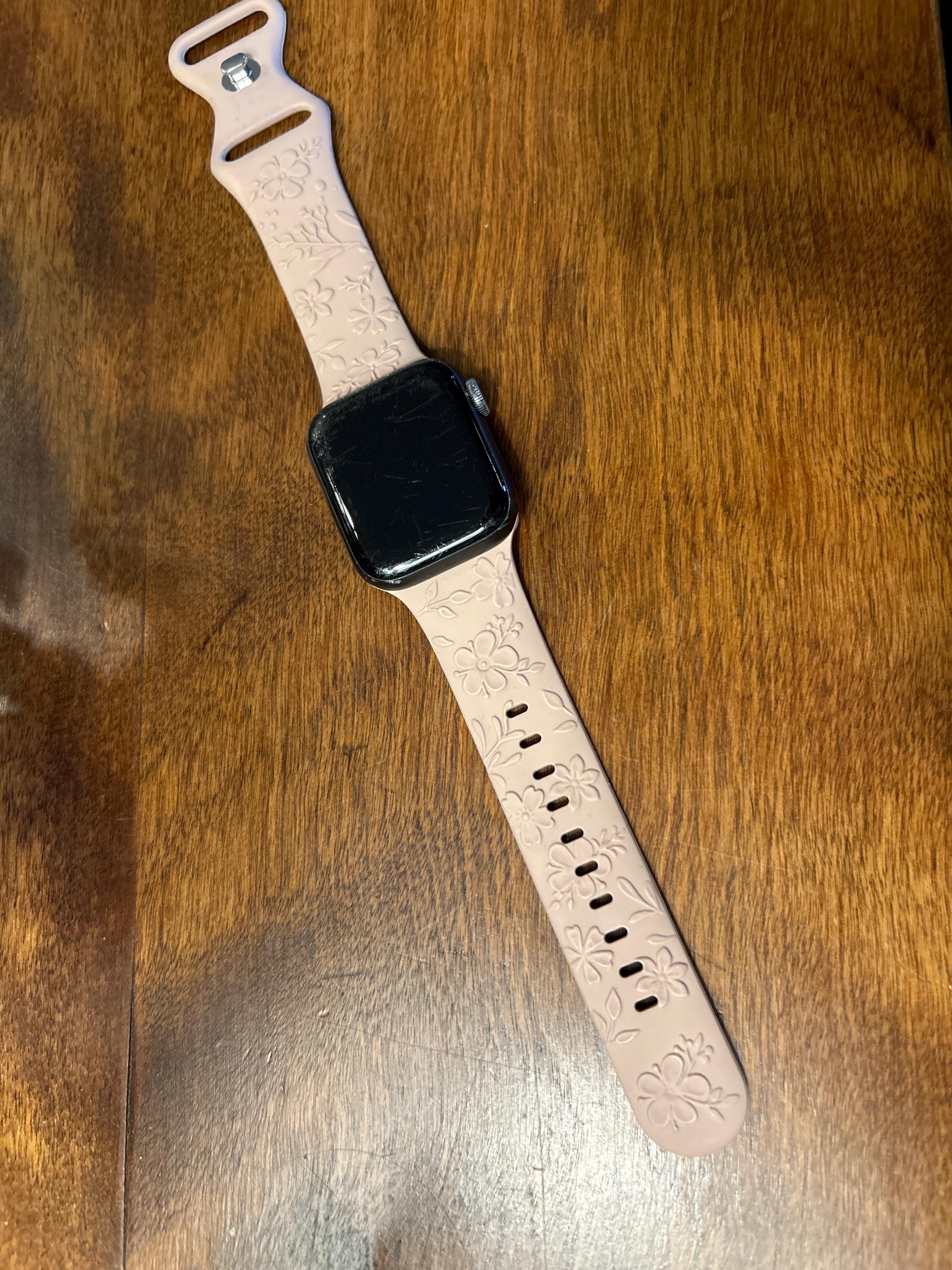 Floral Engraved Bands Apple Watch Band 40mm 41mm 38mm 42mm 44mm 45mm 49mm Women,Silicone Embossed Cherry Blossoms Band iWatch Series 9 8 7-1