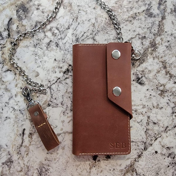Men's Personalized Leather Long Biker Wallet With Chain, Chain Wallet ...