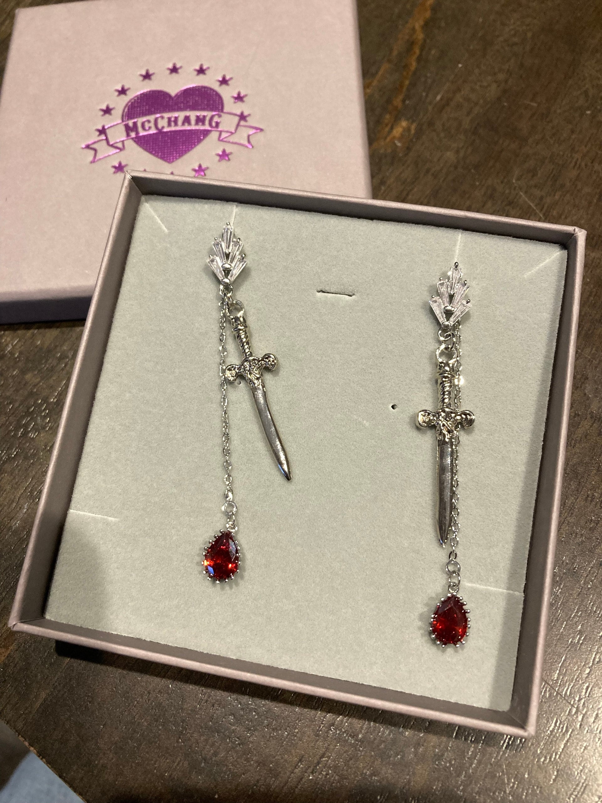 Sword and Blood Drop Dangle 2 Way Earrings / Gold,Silver, Black Deep Red Teardrop Earrings
