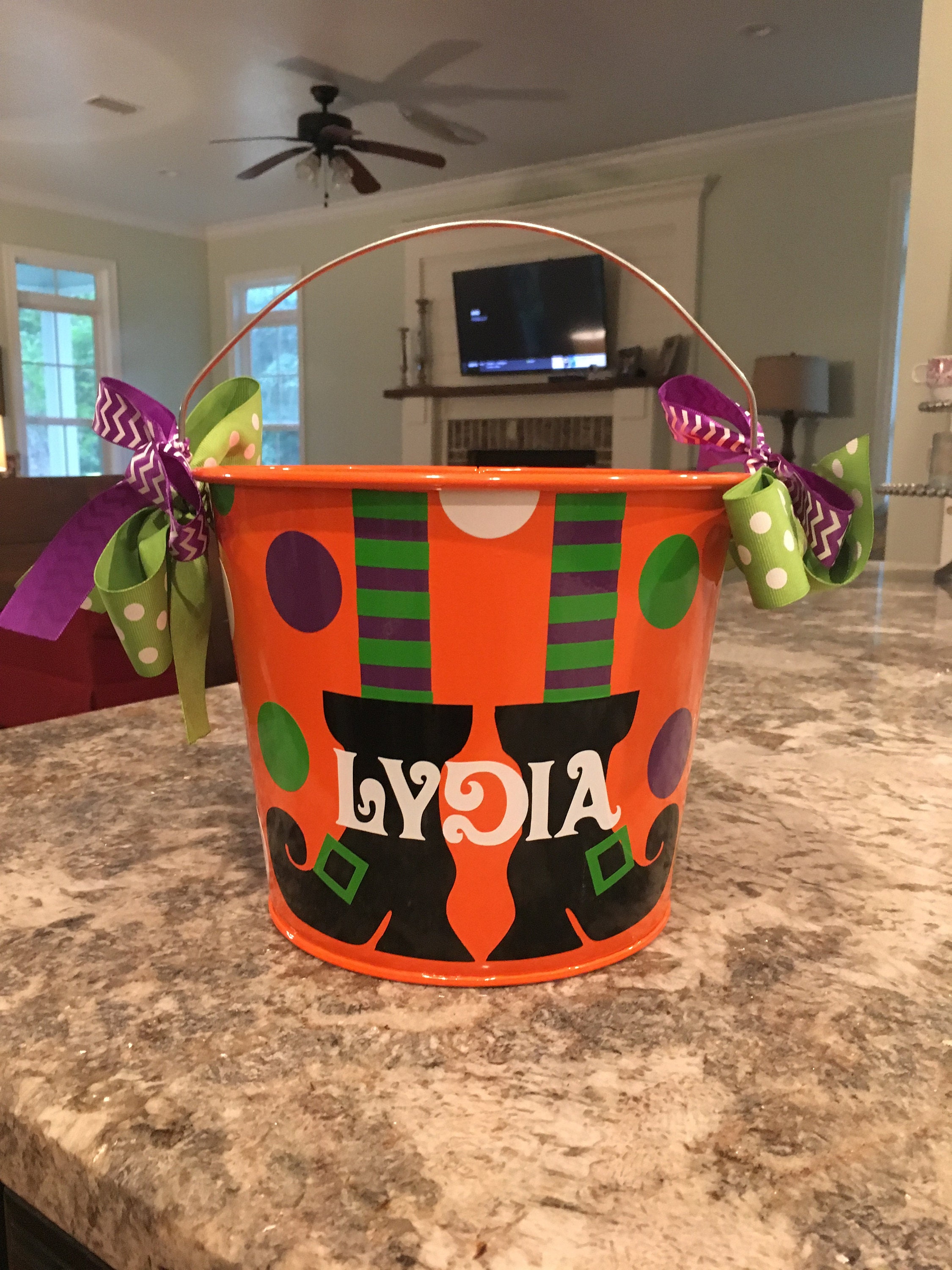 5 QT Halloween Trick or Treat Bucket w/Handles/Personalized/White with Witches Feet /Many Designs to Choose From