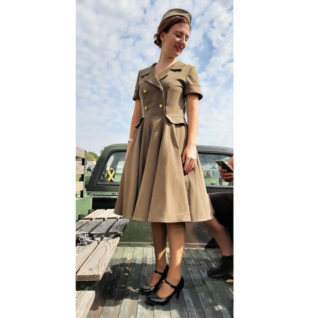 Military Style Rockabilly Dress With Hat: Vintage Pin-up Khaki - Etsy