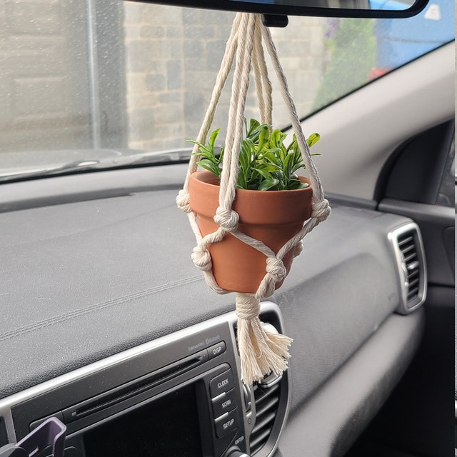 TAPHOA Crochet Plant Car Charm – Handmade Boho Hanging Decor For Rear View Mirror Or Room (Heart Leaves)