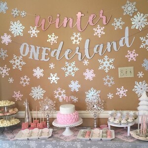Silver Glitter Winter Onederland Banner - 1st Birthday Decorations With Snowflake Design
