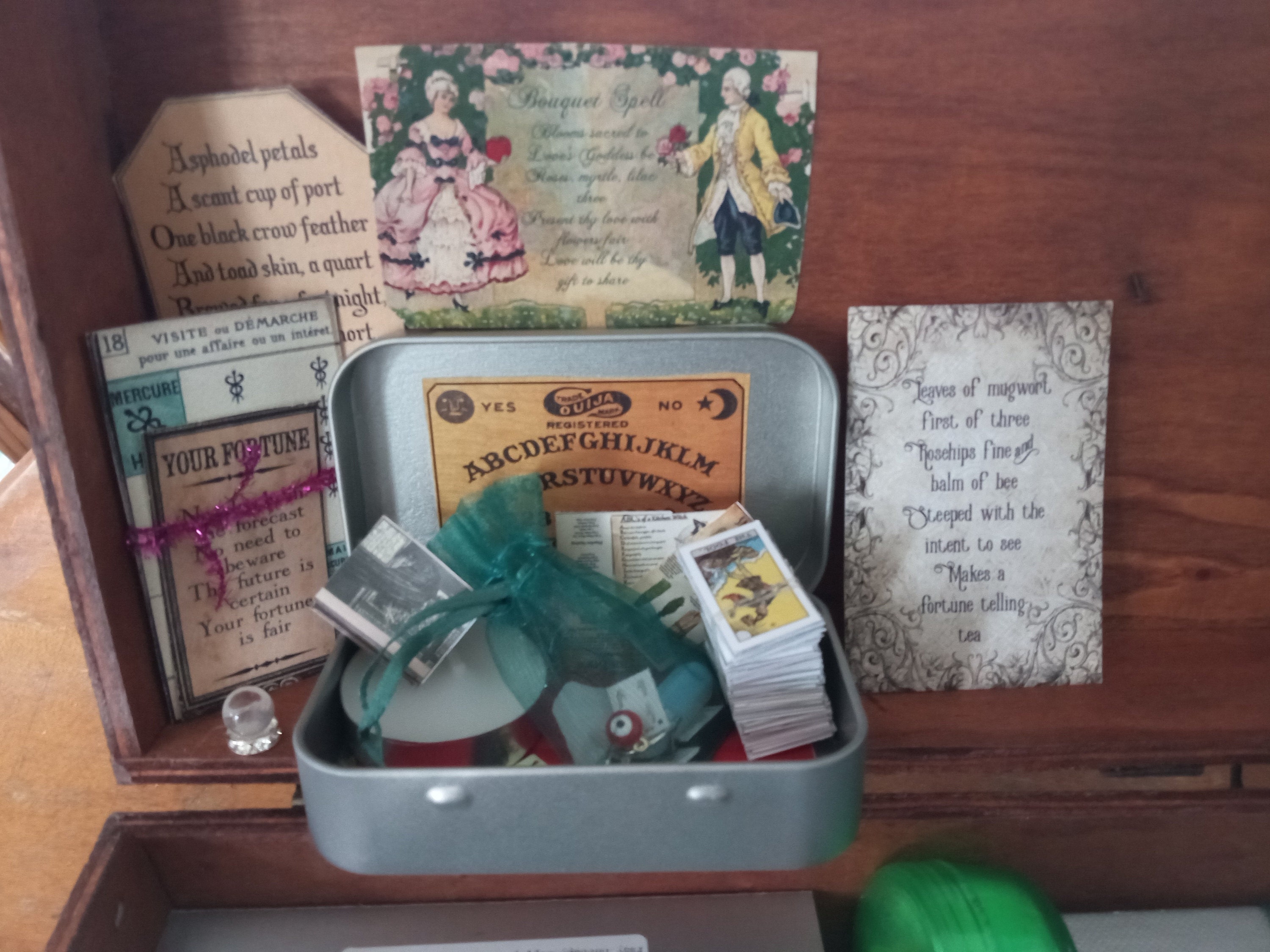 mini tarot tin, mini tarot kit, on the go mini tarot tin, palmistry ouija board psychic spell kit, mini tarot card deck, mini ouija board,