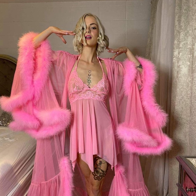 Déshabillé Peignoir Long Transparent Rose Avec Plumes Marabout - Style Burlesque Et Diva - Neuf Avec étiquettes