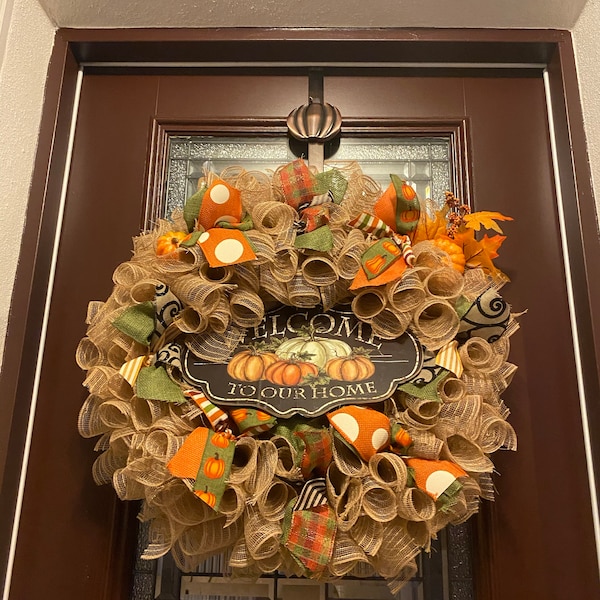 Fall Thanksgiving Mesh Front Door Wreath,pumpkins Wreath Burlap, Fall ...