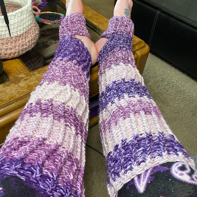 Women's Purple Leg Warmers, Crochet Knit Knee High Ribbed Winter