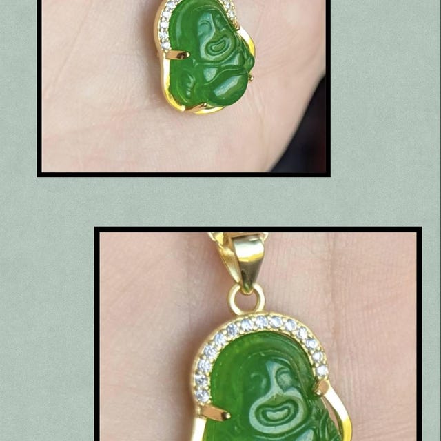 Dainty Jade Buddha Necklace, Dainty Pendant, 14K Gold Plated, .925