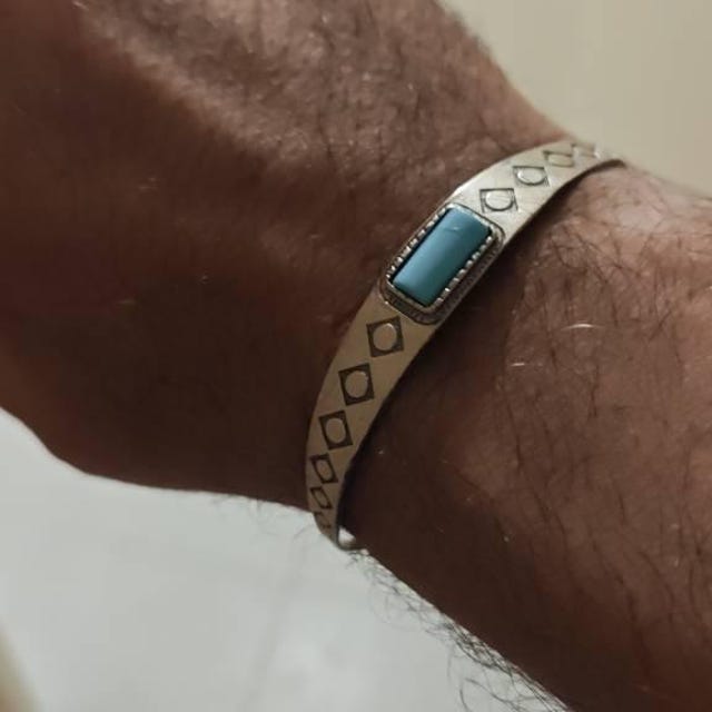 Bracciale Indiano Americano Regolabile In Argento 925 Con Turchese E Piuma - Stile Boho Western - 2
