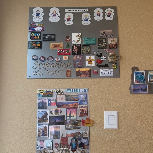 Our travel magnet board is up and it's full! Bought Sheet metal from a  sheet metal company and then made a simple fra…