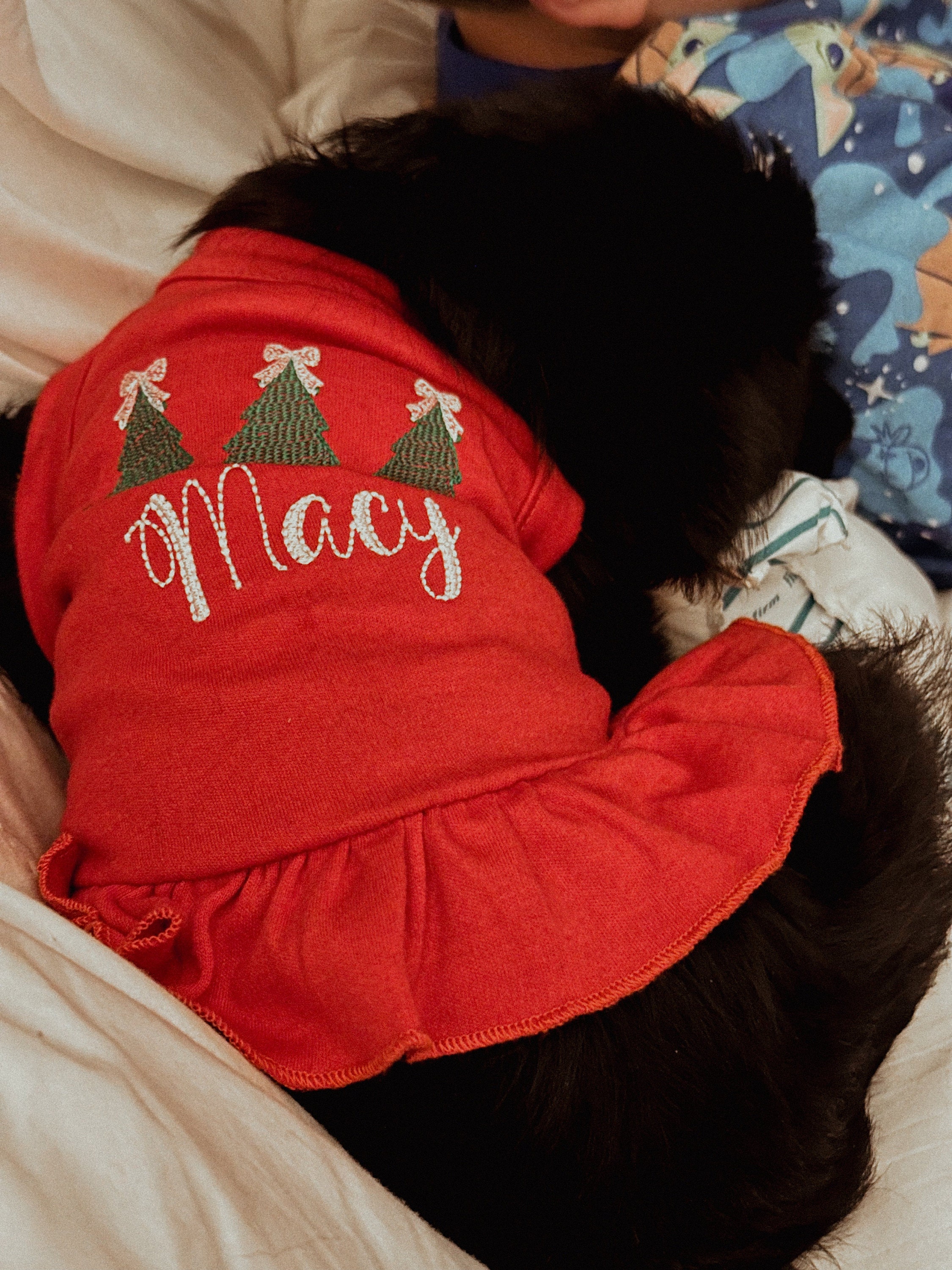 Christmas Dog Shirt or Dress, Christmas Bow Tree Sketch Trio Monogrammed Shirt, Beautiful Personalized Embroidered Holiday Puppy Clothing